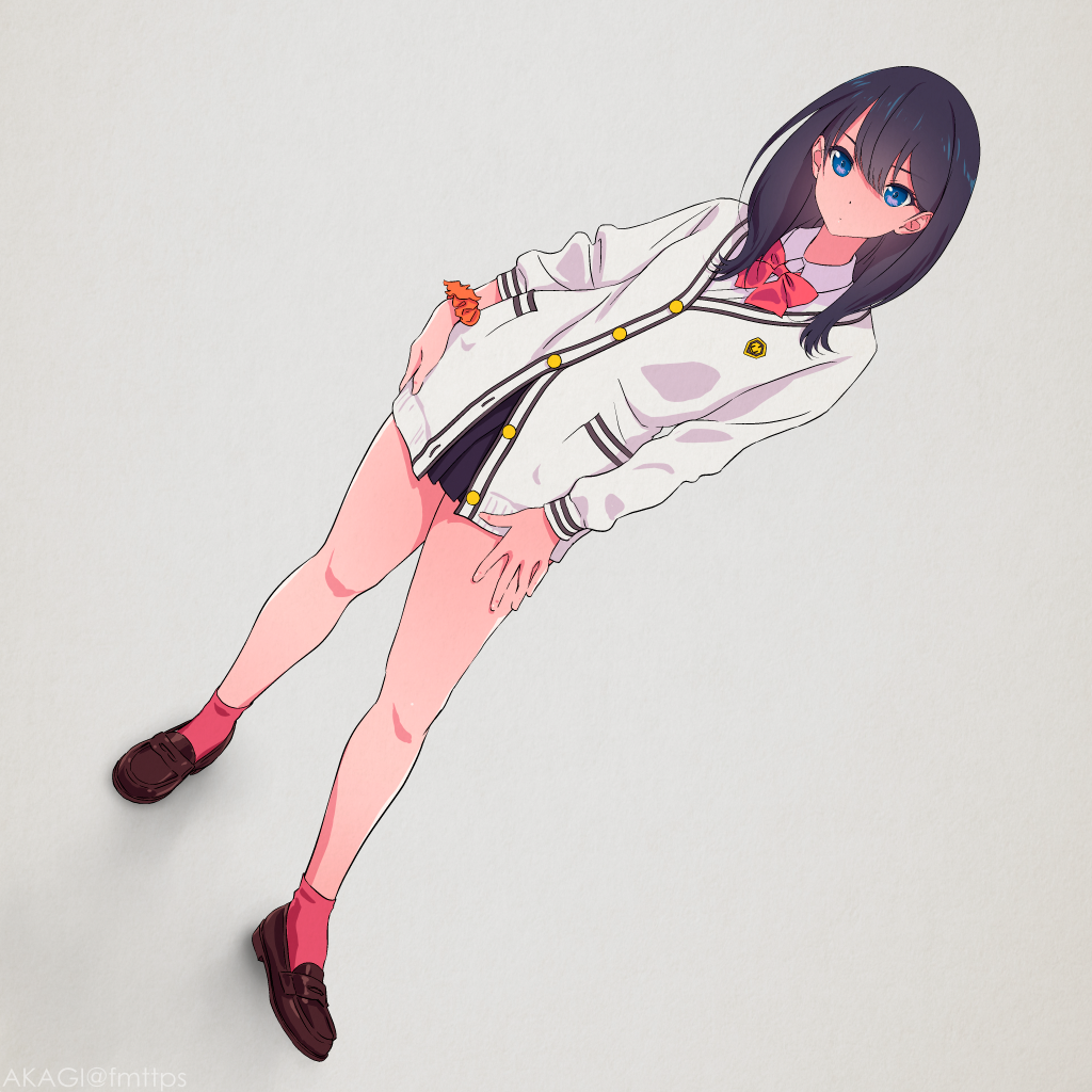 akagi_(fmttps) bad_id bad_pixiv_id bangs black_hair black_skirt blue_eyes bow brown_footwear cardigan collared_shirt contrapposto dutch_angle expressionless full_body grey_background hand_on_hip hand_on_own_thigh loafers long_hair long_sleeves looking_at_viewer miniskirt orange_scrunchie pleated_skirt red_bow red_legwear school_uniform scrunchie shirt shoes skirt solo ssss.gridman standing takarada_rikka white_cardigan white_shirt wrist_scrunchie