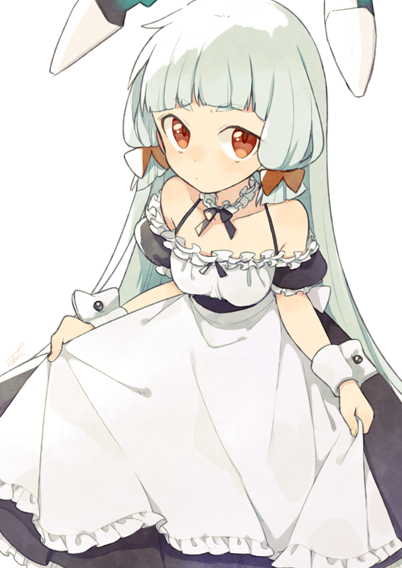 alternate_costume ark_kan bare_shoulders enmaided hair_ribbon kantai_collection long_hair looking_at_viewer maid murakumo_(kantai_collection) orange_eyes ribbon simple_background skirt_hold solo tress_ribbon white_background wrist_cuffs