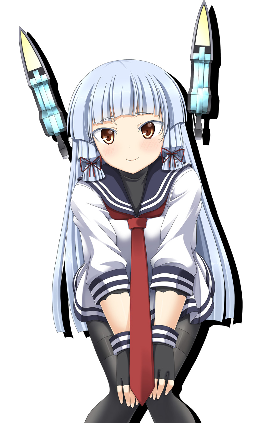 bangs blue_hair blunt_bangs commentary dress hair_tie hands_on_own_knees headgear highres kantai_collection knees_together_feet_apart leaning_forward long_hair long_sleeves looking_at_viewer murakumo_(kantai_collection) necktie pantyhose rappa_(rappaya) red_eyes sailor_dress shadow sidelocks smile solo white_background