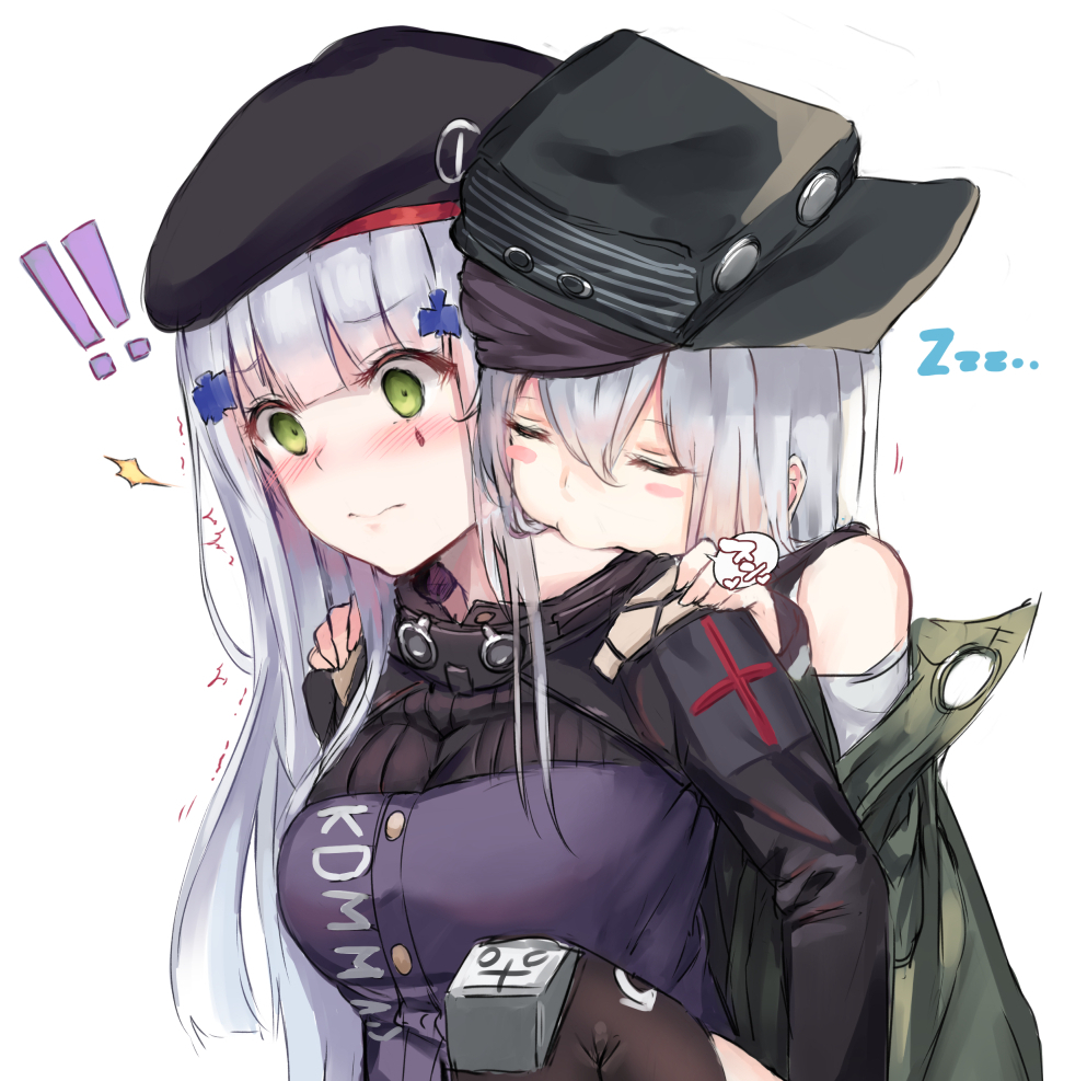 /\/\/\ 2girls bangs bare_shoulders beret black_hat black_legwear blunt_bangs blush blush_stickers breasts carrying closed_eyes closed_mouth clothes_writing empty_eyes eyebrows_visible_through_hair facial_mark g11_(girls_frontline) girls_frontline goggles goggles_around_neck green_eyes grey_hair hair_between_eyes hair_ornament hat heart hk416_(girls_frontline) long_hair looking_down medium_breasts military military_uniform motion_lines multiple_girls off_shoulder piggyback sideways_hat simple_background sleeping speech_bubble spoken_heart surprised tama_satou thighhighs uniform upper_body white_background zzz