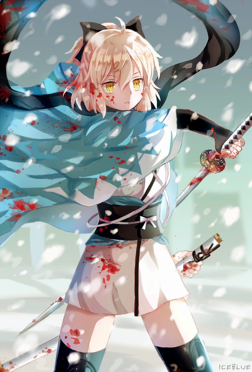 artist_name black_bow black_legwear blonde_hair blood blood_on_face bloody_clothes bow cowboy_shot fate/grand_order fate_(series) hair_between_eyes hair_bow haori highres holding holding_sheath holding_sword holding_weapon iceblue japanese_clothes kimono okita_souji_(fate) okita_souji_(fate)_(all) parted_lips sheath short_hair short_kimono short_ponytail snowing solo standing sword thighhighs weapon white_kimono yellow_eyes zettai_ryouiki