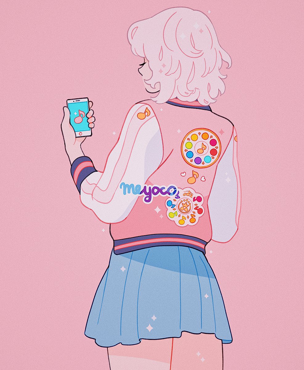 artist_name blue_skirt cowboy_shot eighth_note from_behind heart highres holding holding_phone jacket letterman_jacket long_sleeves medium_hair meyoco musical_note original phone pink_background pink_hair pink_jacket pleated_skirt simple_background skirt solo sparkle
