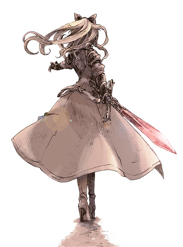 blonde_hair bow dress from_behind gauntlets granblue_fantasy hair_bow high_heels michibata_65 ponytail protected_link red_sword shadow sword vira_lilie weapon