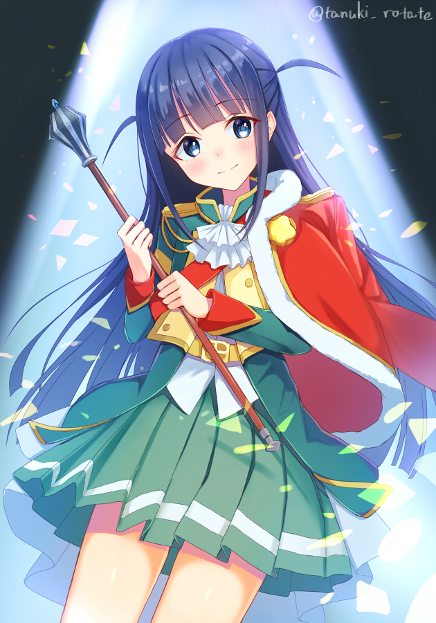 blue_hair blunt_bangs blush commentary_request eyebrows_visible_through_hair fur_trim jacket long_hair mace pleated_skirt shirai_tanuki shoujo_kageki_revue_starlight signature skirt smile spotlight standing tsuyuzaki_mahiru two_side_up weapon