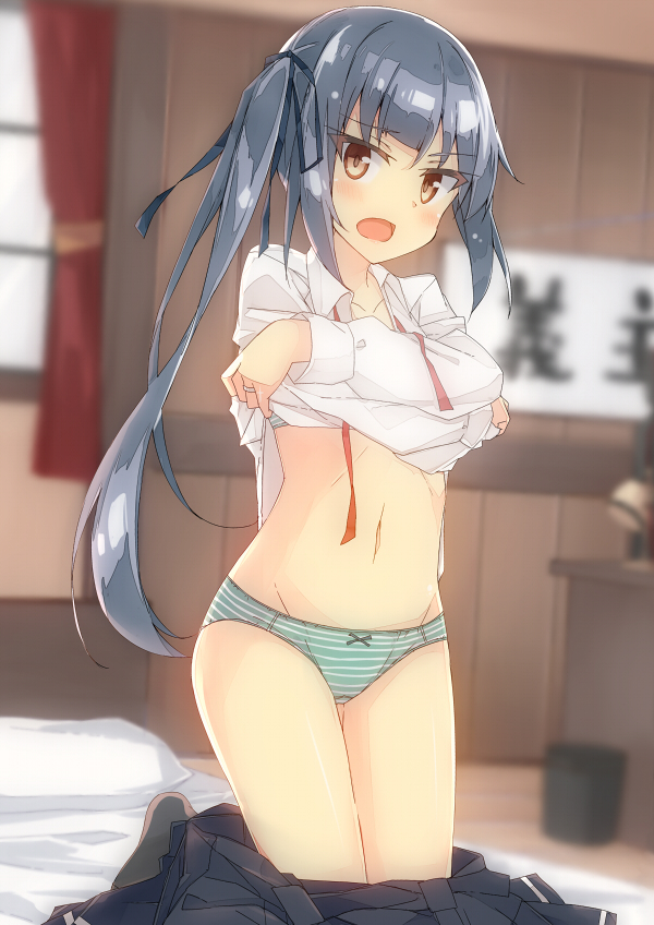 bangs bed beritabo black_legwear black_ribbon black_skirt blurry blurry_background blush bow bow_panties brown_eyes collarbone collared_shirt commentary_request curtains depth_of_field desk eyebrows_visible_through_hair grey_hair groin hair_ribbon kantai_collection kasumi_(kantai_collection) kneeling lifted_by_self long_hair long_sleeves looking_at_viewer navel neck_ribbon on_bed open_mouth panties pillow pleated_skirt red_ribbon remodel_(kantai_collection) ribbon shirt shirt_lift side_ponytail sidelocks skirt skirt_pull socks solo striped striped_panties underwear undressing very_long_hair white_shirt window wooden_floor