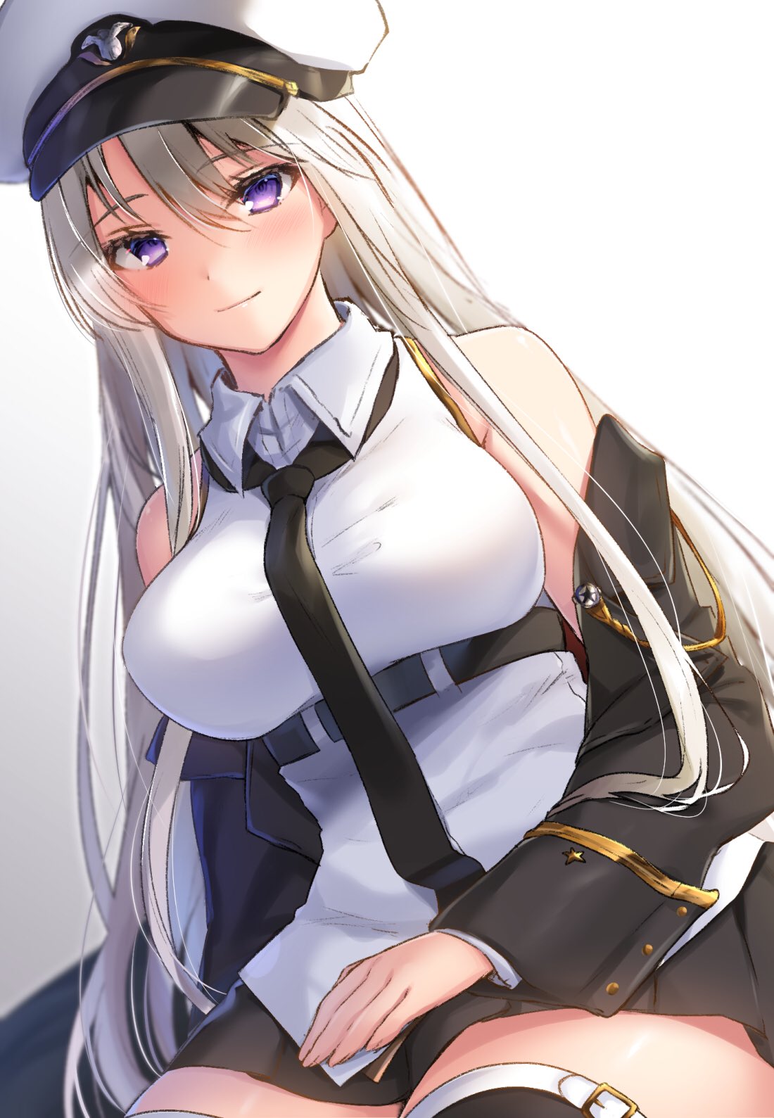 azur_lane bangs belt black_belt black_coat black_jacket black_neckwear breasts closed_mouth coat collared_shirt commentary_request dutch_angle enterprise_(azur_lane) eyebrows_visible_through_hair gradient gradient_background grey_background hair_between_eyes hat highres jacket jiiwara large_breasts light_brown_hair long_hair looking_at_viewer military military_hat miniskirt necktie off_shoulder open_clothes open_coat peaked_cap purple_eyes shirt silver_hair sitting skirt sleeveless sleeveless_shirt smile thighhighs underbust white_background white_hat