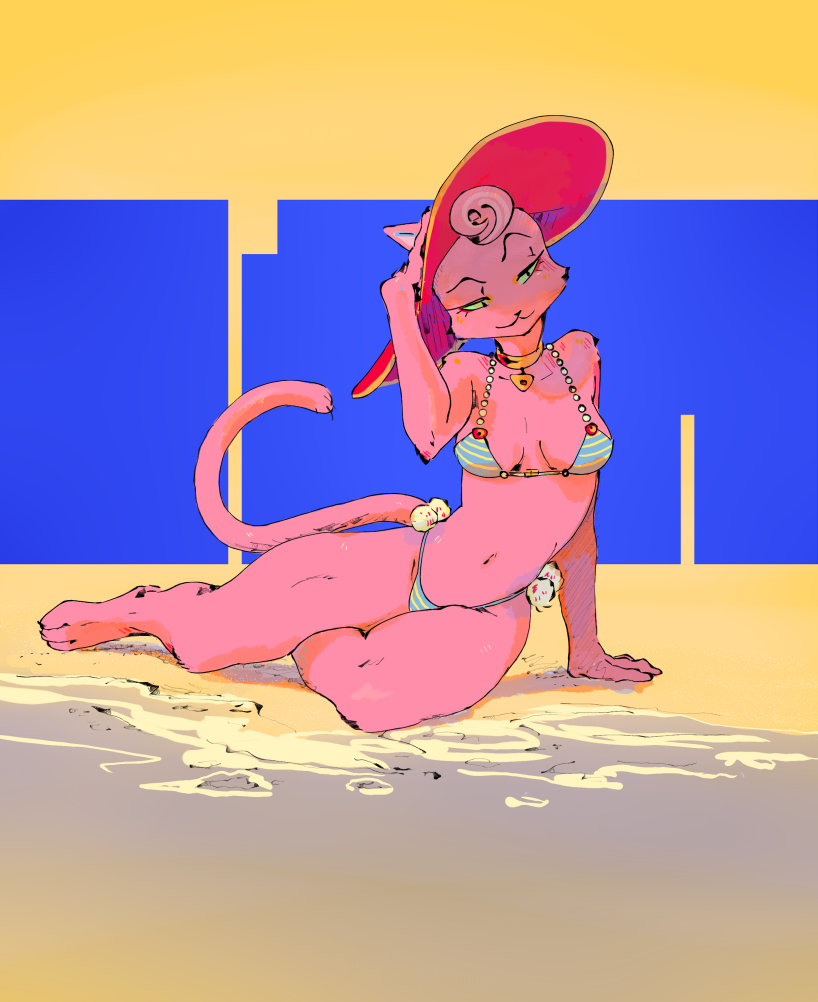 abstract_background anthro beach bikini bojack_horseman breasts cat cleavage clothed clothing feline female front_view full-length_portrait fur green_eyes hat jewelry looking_away mammal necklace pink_fur pooqa portrait princess_carolyn reclining sand seaside smile solo swimsuit