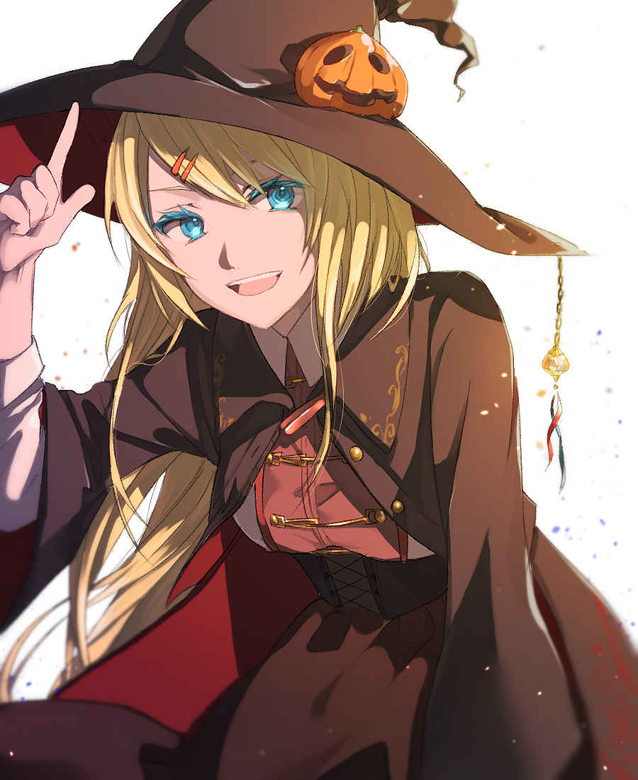 adjusting_clothes adjusting_hat bangs blonde_hair blue_eyes blue_eyeshadow breasts cape commentary_request corset eyebrows_visible_through_hair halloween hat hikari50503 jack-o'-lantern long_hair medium_breasts original pumpkin smile solo swept_bangs white_background witch_costume witch_hat