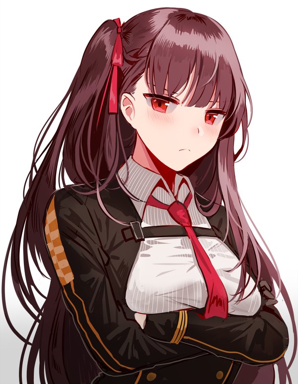 bangs blazer blush braid breasts closed_mouth collared_shirt commentary_request crossed_arms double-breasted framed_breasts french_braid girls_frontline gloves hair_ribbon half_updo high-waist_skirt jacket large_breasts long_hair looking_at_viewer necktie one_side_up purple_hair red_eyes red_neckwear red_ribbon ribbon shirt sidelocks silence_girl simple_background skirt solo strap striped striped_shirt tsurime upper_body very_long_hair wa2000_(girls_frontline) white_background