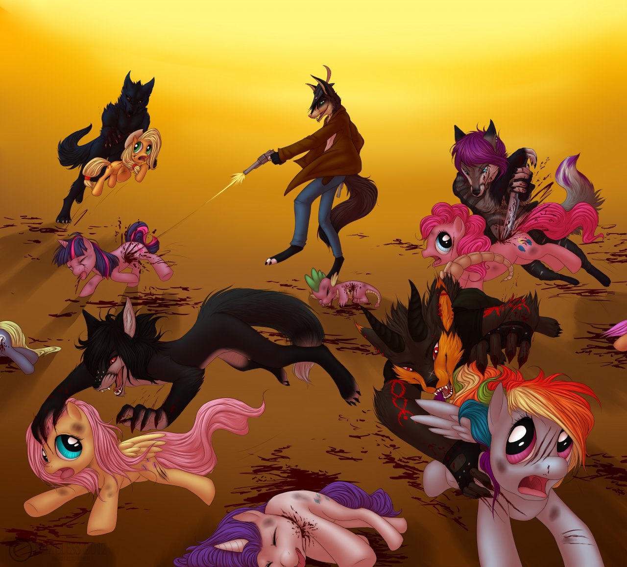 2012 applejack_(mlp) blood blue_fur canine conditional_dnp cutie_mark death derpy_hooves_(mlp) dragon earth_pony equine feathered_wings feathers female feral firing fluttershy_(mlp) friendship_is_magic fur gore group gun hair horn horse jameless lol_comments male mammal multicolored_hair my_little_pony pegasus pinkie_pie_(mlp) pony purple_fur purple_hair rainbow_dash_(mlp) ranged_weapon rarity_(mlp) scalie scootaloo_(mlp) spike_(mlp) twilight_sparkle_(mlp) two_tone_hair unicorn violence weapon were werewolf wings wounded yellow_feathers
