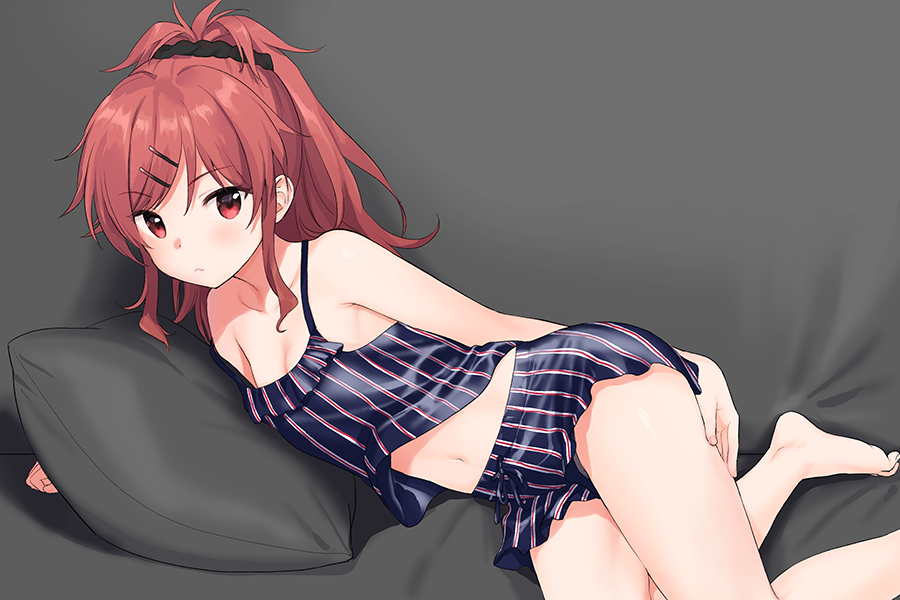 bangs bare_shoulders barefoot blush breasts chigusa_asuha cleavage collarbone commentary_request expressionless eyebrows_visible_through_hair feet hair_ornament hairclip hand_on_own_thigh long_hair looking_at_viewer lying navel on_side pillow ponytail qualidea_code red_eyes red_hair scrunchie sekiya_asami sideboob sidelocks small_breasts solo swimsuit