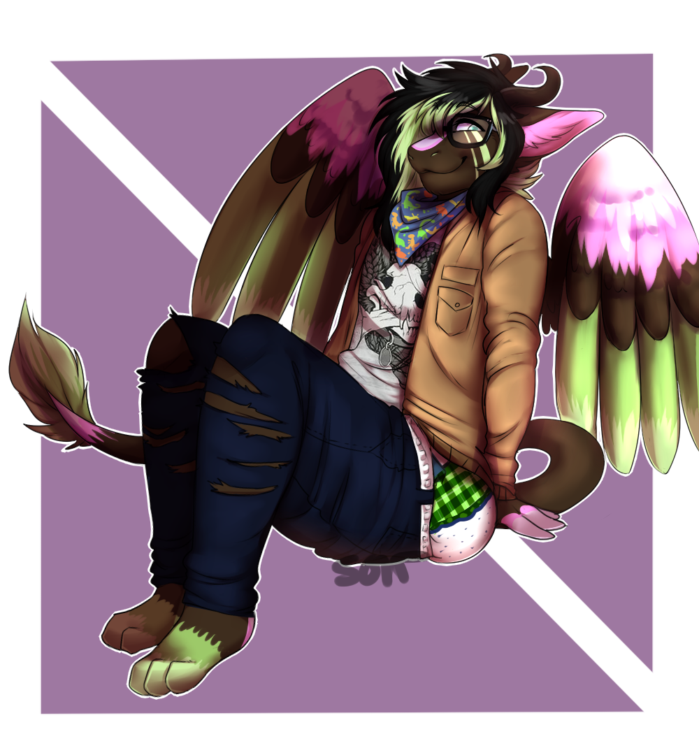 angel_dragon anthro bandanna belt biped clothed clothing dragon eyebrows eyewear feathers fully_clothed fur glasses hair happy horn jacket male pants shirt signature simple_background sitting smile solo source_request torn_clothing twixxel_minty unknown_artist unknown_artist_signature wings