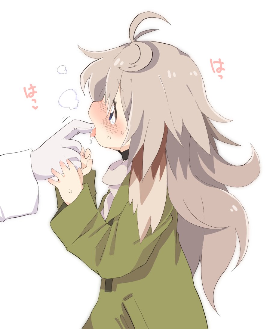animal_ears blue_eyes blush collar commentary_request dog_ears finger_licking gloves green_jacket heavy_breathing jacket konachiu licking light_brown_hair long_hair long_sleeves open_mouth original rei-chan_(konachiu) simple_background standing sweat tongue tongue_out turtleneck white_background white_gloves