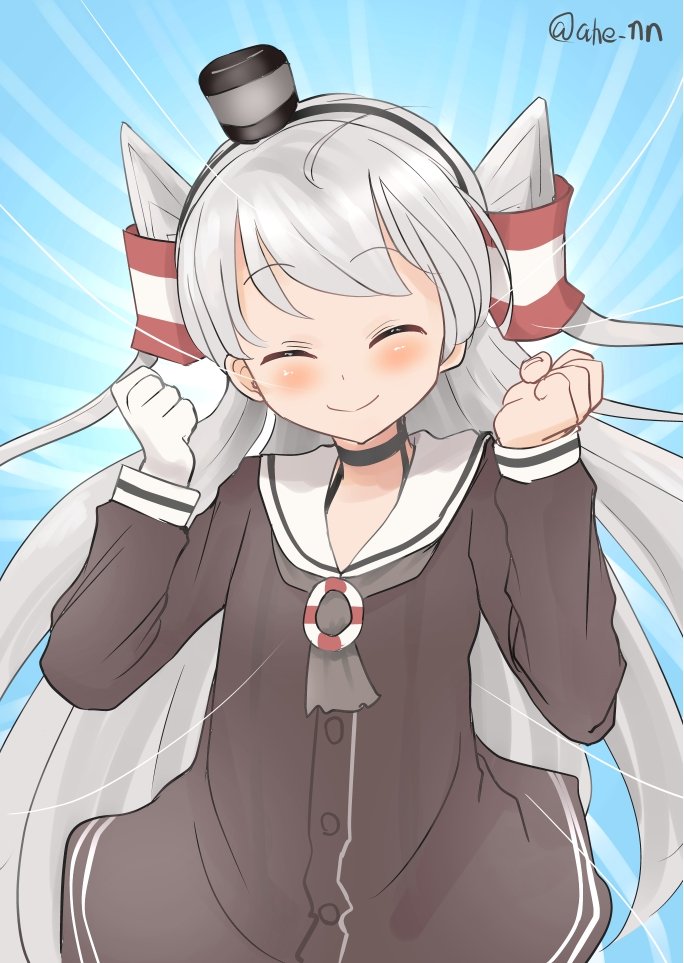 ahenn amatsukaze_(kantai_collection) blue_background brown_dress closed_eyes cowboy_shot dress emphasis_lines gloves hair_tubes happy hat kantai_collection long_hair mini_hat sailor_dress short_dress silver_hair single_glove smile solo twitter_username two_side_up white_gloves windsock