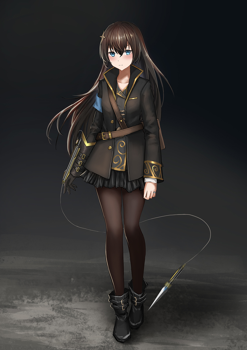 ankle_boots armband arms_at_sides bangs belt belt_buckle black_background black_coat black_footwear black_legwear black_skirt blue_eyes blush boots brown_hair buckle closed_mouth coat collarbone commentary_request full_body gradient gradient_background hair_between_eyes hair_ornament kagura_hikari long_hair long_sleeves looking_at_viewer miniskirt motion_blur open_clothes open_coat pantyhose shiny shiny_hair shoujo_kageki_revue_starlight skirt solo standing straight_hair very_long_hair weapon yurichtofen