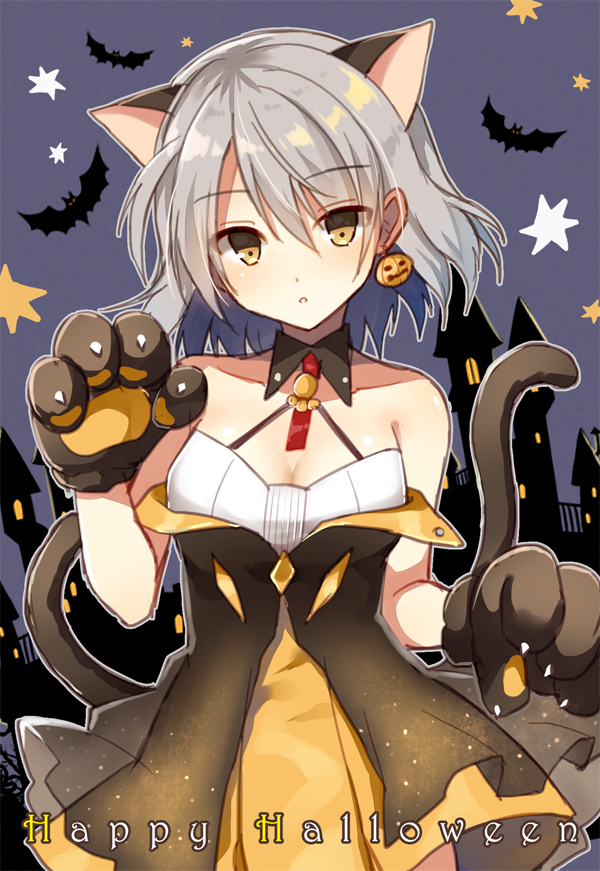 :o animal animal_ears bangs bare_shoulders bat blush breasts brown_eyes building cat_ears cat_girl cat_tail cleavage collarbone commentary earrings eyebrows_visible_through_hair girls_frontline gloves grey_hair hair_between_eyes happy_halloween head_tilt jack-o'-lantern jack-o'-lantern_earrings jewelry long_hair looking_at_viewer mauve medium_breasts night night_sky parted_lips paw_gloves paws pleated_skirt skirt sky solo star tail tail_raised vector_(girls_frontline) yellow_skirt