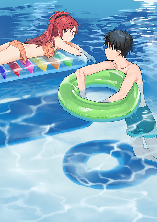1girl afloat ass bikini black_hair brother_and_sister chigusa_asuha chigusa_kasumi closed_mouth day eyebrows_visible_through_hair frilled_bikini frills hair_ornament hairclip innertube long_hair looking_at_another lying on_stomach outdoors partially_submerged ponytail pool qualidea_code red_eyes red_hair scrunchie sekiya_asami short_hair siblings swimsuit water wet