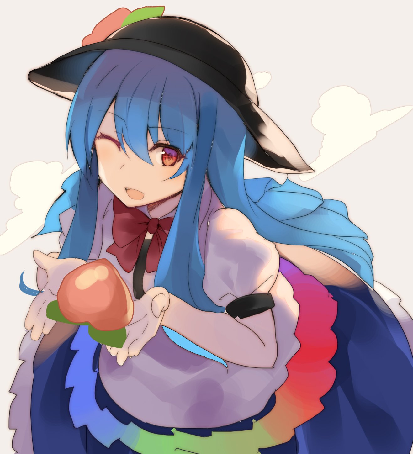 ;d bangs black_hat blouse blue_hair bow bowtie breasts commentary_request cowboy_shot eyebrows_visible_through_hair food fruit grey_background hair_between_eyes hat highres hinanawi_tenshi holding holding_food holding_fruit leaf leaning_forward long_hair one_eye_closed open_mouth peach petticoat puffy_short_sleeves puffy_sleeves red_bow red_eyes red_neckwear rin_falcon short_sleeves sidelocks simple_background small_breasts smile solo touhou white_blouse