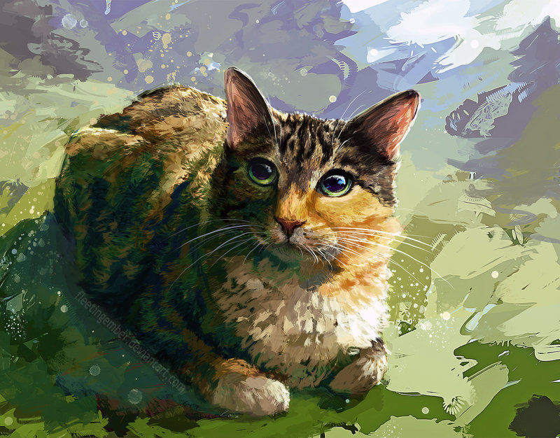 2018 ambiguous_gender cat digital_media_(artwork) digital_painting_(artwork) feline feral fleetingember green_eyes lying mammal paws solo whiskers
