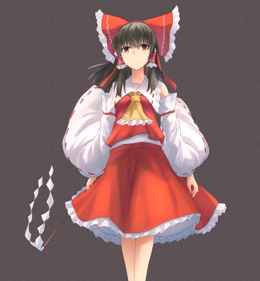 ascot bangs blunt_bangs bow brown_eyes brown_hair detached_sleeves fen_zuo frilled_bow frilled_skirt frills grey_background hair_bow hair_tubes hakurei_reimu long_hair looking_at_viewer red_bow red_shirt red_skirt ribbon-trimmed_sleeves ribbon_trim shirt sidelocks skirt sleeveless sleeveless_shirt solo standing touhou white_sleeves yellow_neckwear