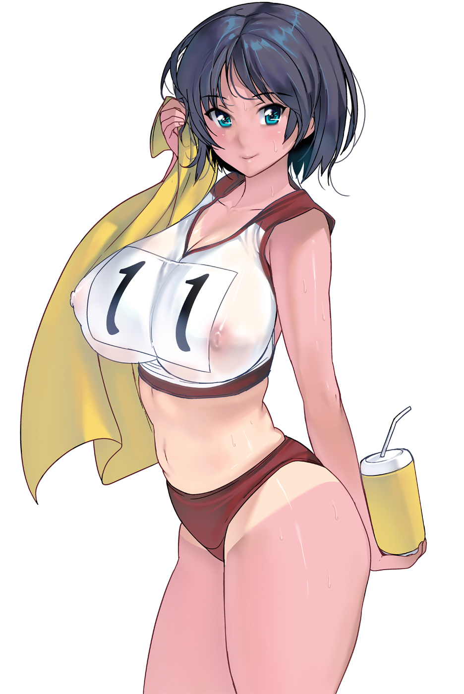 arm_behind_back bangs bare_arms black_hair blue_eyes blush bottle breasts buruma cleavage closed_mouth collarbone covered_nipples cowboy_shot crop_top drinking_straw drying from_side hand_up highres holding holding_bottle holding_towel impossible_clothes large_breasts light_smile looking_at_viewer looking_to_the_side masao midriff navel nipples no_bra number one-piece_tan original parted_bangs puffy_nipples red_buruma see-through short_hair simple_background smile solo straight_hair sweat tan tank_top tanline thighs towel track_uniform wet wet_clothes white_background white_tank_top yellow_towel