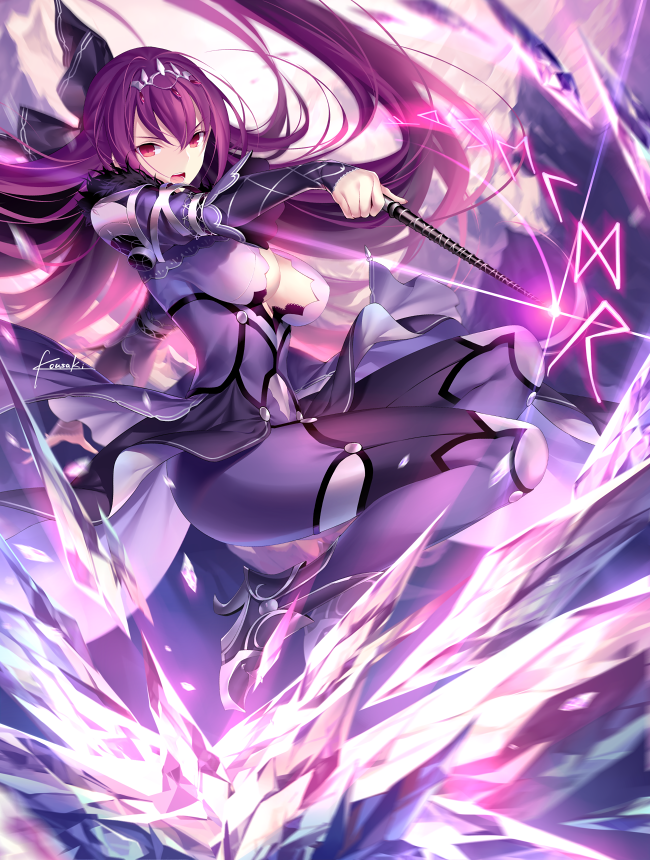 bangs bodysuit breasts cleavage commentary_request covered_navel dress fate/grand_order fate_(series) fur_trim hair_between_eyes hips kousaki_rui large_breasts legs long_hair looking_at_viewer open_mouth pauldrons purple_bodysuit purple_dress purple_hair red_eyes runes scathach_(fate)_(all) scathach_skadi_(fate/grand_order) solo thighs tiara wand