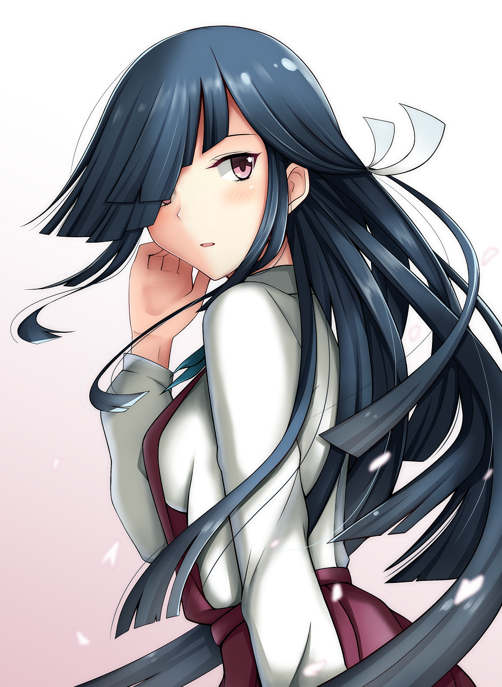 arm_at_side bangs black_hair blunt_ends blush breasts commentary_request dial16yoi dress from_side gradient gradient_background hair_over_one_eye hair_ribbon hand_up hayashimo_(kantai_collection) highres kantai_collection long_hair long_sleeves looking_at_viewer looking_to_the_side parted_lips petals pink_background pink_eyes pleated_dress purple_dress ribbon school_uniform shirt simple_background solo very_long_hair white_ribbon white_shirt