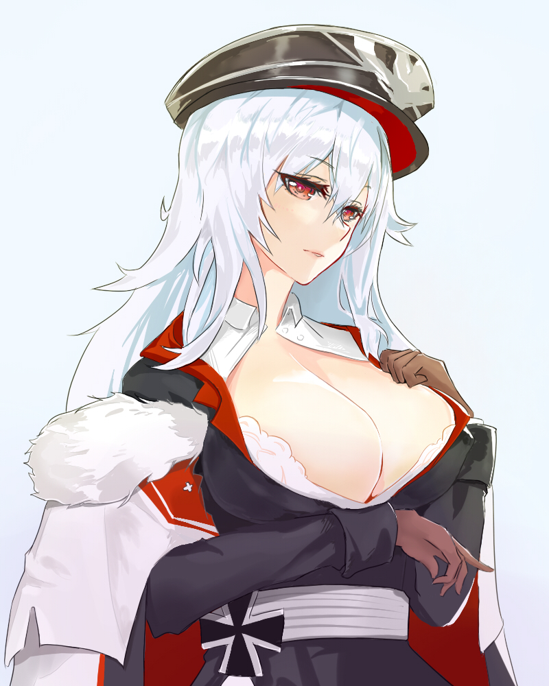 azur_lane breasts gloves graf_zeppelin_(azur_lane) large_breasts long_hair looking_at_viewer lzayui_sabeth military military_uniform open_clothes red_eyes silver_hair simple_background solo uniform