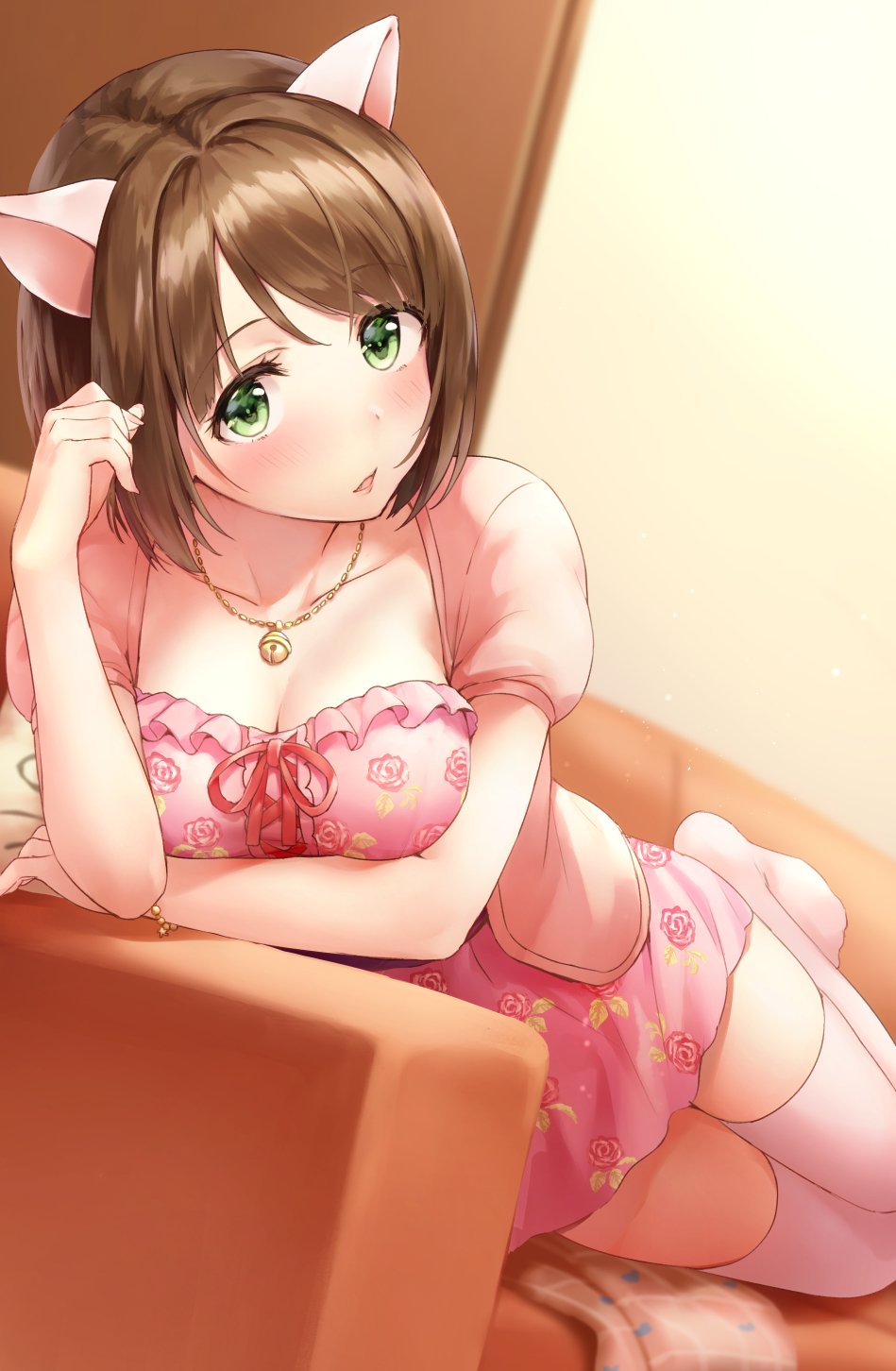 animal_ears bangs blush breasts brown_hair bvucki36gzoeq1c cat_ears cleavage collarbone commentary couch dress floral_print green_eyes highres idolmaster idolmaster_cinderella_girls jewelry large_breasts looking_at_viewer maekawa_miku necklace open_mouth parted_lips pink_dress pink_legwear puffy_short_sleeves puffy_sleeves short_hair short_sleeves solo swept_bangs thighhighs thighs