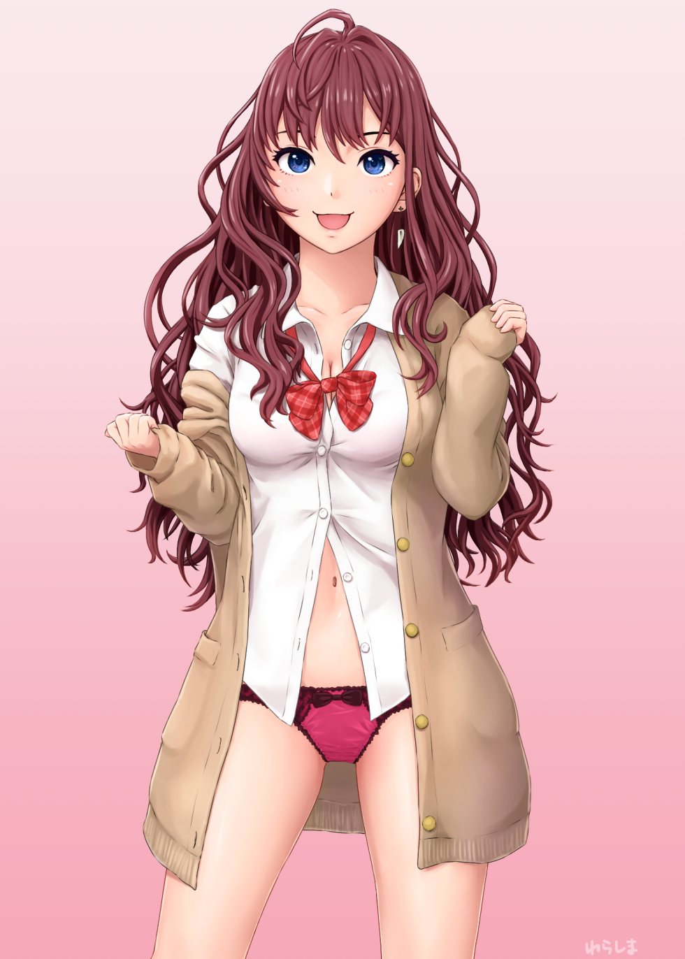 :d ahoge artist_name blue_eyes blush bow bow_panties bowtie breasts brown_hair cardigan cleavage collarbone contrapposto cowboy_shot dress_shirt gradient gradient_background hair_between_eyes hands_up highres ichinose_shiki idolmaster idolmaster_cinderella_girls jewelry lace lace-trimmed_panties long_hair long_sleeves looking_at_viewer messy_hair navel no_pants off_shoulder open_cardigan open_clothes open_mouth open_shirt panties partially_unbuttoned pink_panties plaid_neckwear school_uniform shirt signature single_earring sleeves_past_wrists smile solo standing unbuttoned underwear yurashima