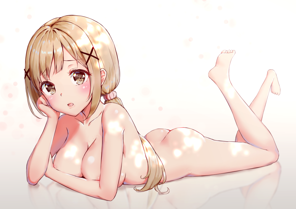 areola_slip areolae ass bang_dream! bangs blonde_hair blush breasts brown_eyes chin_rest chouge60229 hair_ornament hair_scrunchie head_tilt ichigaya_arisa long_hair looking_at_viewer lying nude on_stomach open_mouth ponytail scrunchie solo toes x_hair_ornament