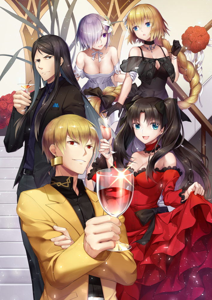 3girls :d :o alcohol bangs bare_shoulders belt belt_buckle black_belt black_choker black_dress black_eyes black_gloves black_hair black_jacket black_pants black_shirt blonde_hair blue_eyes blush braid breasts buckle champagne_flute choker cleavage closed_mouth cocktail_glass collarbone collared_shirt commentary_request cup dress dress_shirt drinking_glass eyebrows_visible_through_hair fate/grand_order fate/zero fate_(series) flower gilgamesh glint gloves hair_between_eyes hair_over_one_eye hand_up holding holding_cup jacket jeanne_d'arc_(fate) jeanne_d'arc_(fate)_(all) jh long_hair long_sleeves lord_el-melloi_ii mash_kyrielight medium_breasts multiple_boys multiple_girls open_mouth pants parted_lips purple_eyes purple_hair purple_jacket red_dress red_eyes red_flower red_rose rose see-through shirt single_braid sleeveless sleeveless_dress smile stairs standing strapless strapless_dress toosaka_rin two_side_up very_long_hair waver_velvet white_dress white_gloves wine wine_glass yellow_jacket