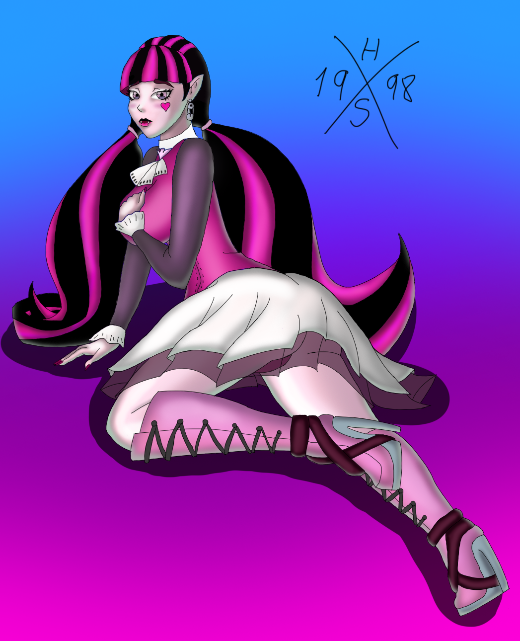 anime clothing comic concept_art draculaura female footwear halloween high_heels holidays horus1998 illustration monster_high pinup pose shoes simple_background skirt translucent transparent_clothing underwear vampire