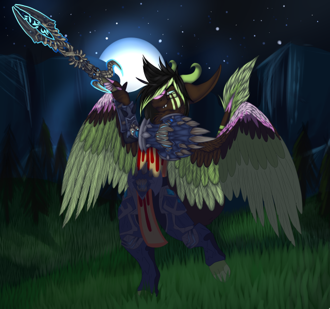angel_dragon anthro biped clothed clothing dragon eyewear feathers full_moon fur glasses grass hair hill looking_at_viewer male melee_weapon moon mountain night outside partially_clothed sky source_request standing star sword tree twixxel_minty unknown_artist weapon wings