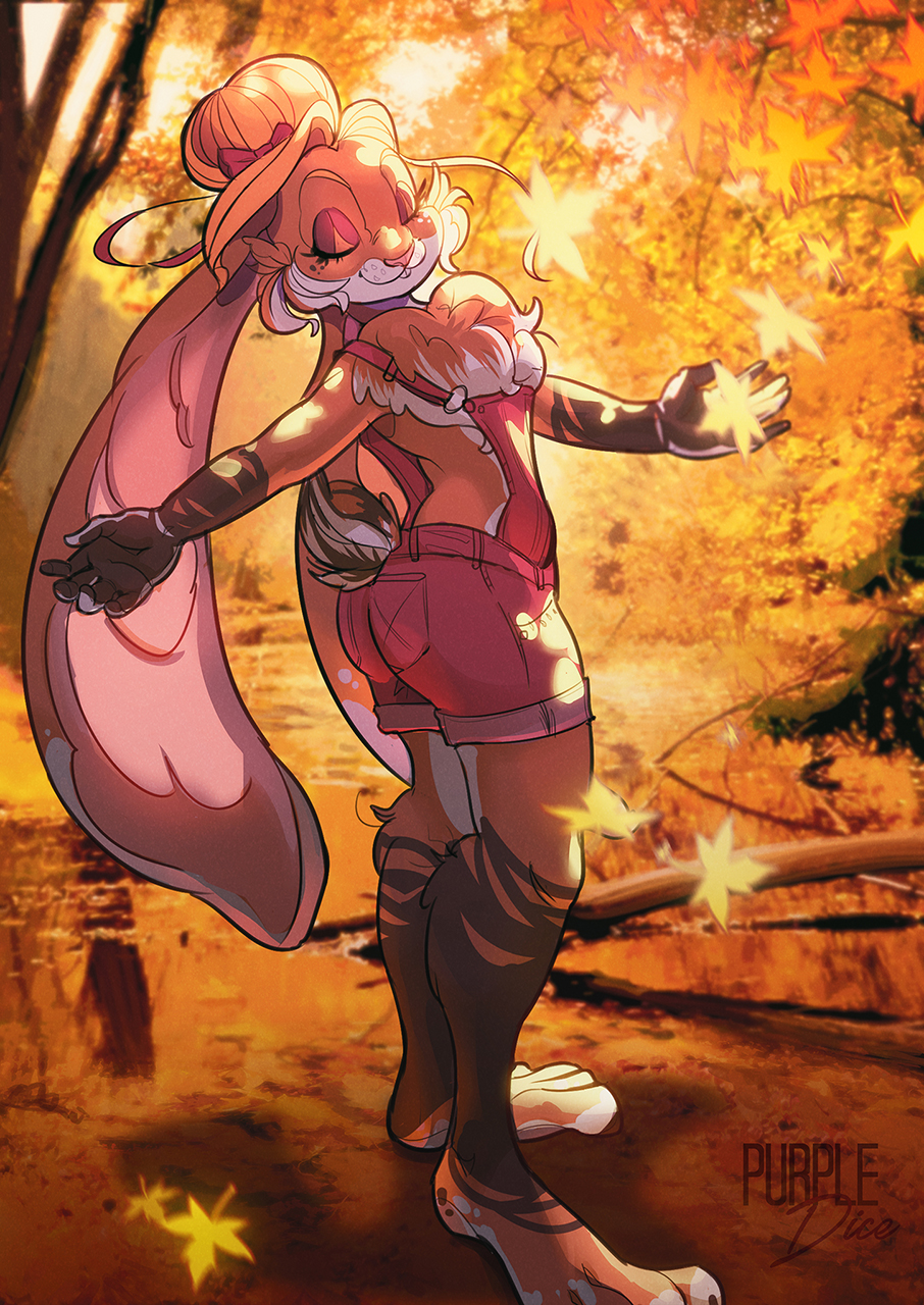 2018 5_fingers anthro autumn barefoot big_ears biped blonde_hair brown_fur brown_tail buckteeth clothed clothing detailed_background digital_media_(artwork) eyes_closed female forest full-length_portrait fur hair hair_bun hi_res humanoid_hands lagomorph leaves long_ears mammal multicolored_fur orange_fur orange_tail overalls pink_clothing pink_nose portrait purple_dice rabbit short_tail small_tail smile solo standing teeth tree white_fur white_tail