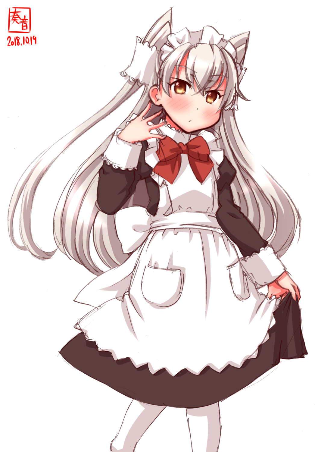 alternate_costume amatsukaze_(kantai_collection) apron artist_logo black_dress blush brown_eyes commentary_request dated dress enmaided eyebrows_visible_through_hair frills garter_straps hair_between_eyes hair_tubes highres kanon_(kurogane_knights) kantai_collection long_hair long_sleeves looking_at_viewer maid maid_apron maid_headdress meme_attire neck_ribbon pantyhose pocket puffy_sleeves red_ribbon ribbon signature silver_hair simple_background solo two_side_up white_background white_legwear wrist_cuffs