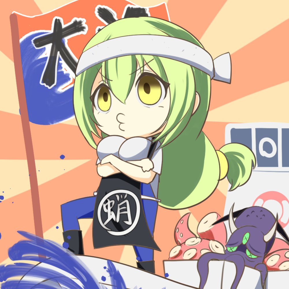 1girl :3 aishuu_hebiko artist_request breasts chibi creature female green_hair horns large_breasts long_hair looking_at_viewer monster_girl octopus octopus_girl school_uniform shiny shiny_hair shiny_skin skirt solo taimanin_(series) taimanin_asagi taimanin_rpgx tentacle translation_request water weapon yellow_eyes