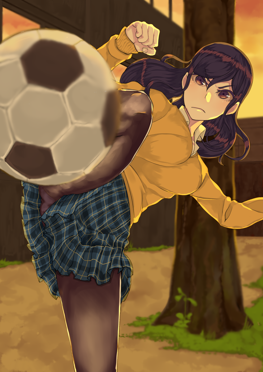 &gt;:( ball bangs black_hair bouncing_breasts breasts brown_eyes brown_legwear clenched_hand closed_mouth collared_shirt commentary_request dirt feet_out_of_frame frown futayama0905 highres kicking large_breasts long_hair long_sleeves looking_at_viewer motion_blur original outdoors panties panties_under_pantyhose pantyhose plaid plaid_skirt serious shirt skirt soccer soccer_ball solo sweater tree underwear upskirt v-shaped_eyebrows