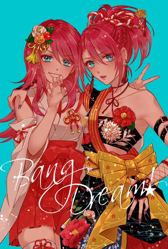 alternate_hairstyle arm_around_shoulder arm_belt bang_dream! blue_background bow braid bridal_gauntlets chino_machiko choker claw_pose collarbone copyright_name corsage detached_sleeves dual_persona earrings eyebrows_visible_through_hair floral_print flower grin hair_flower hair_ornament hair_stick hair_up hakama hand_on_hip japanese_clothes jewelry kimono kouhaku_nawa long_hair looking_at_viewer miko multiple_girls nail_polish obi orange_flower parted_lips ponytail purple_nails red_flower red_hair red_hakama ribbon-trimmed_sleeves ribbon_trim sash simple_background single_bare_shoulder smile tassel tassel_earrings thighhighs udagawa_tomoe v v-shaped_eyebrows white_flower yellow_bow