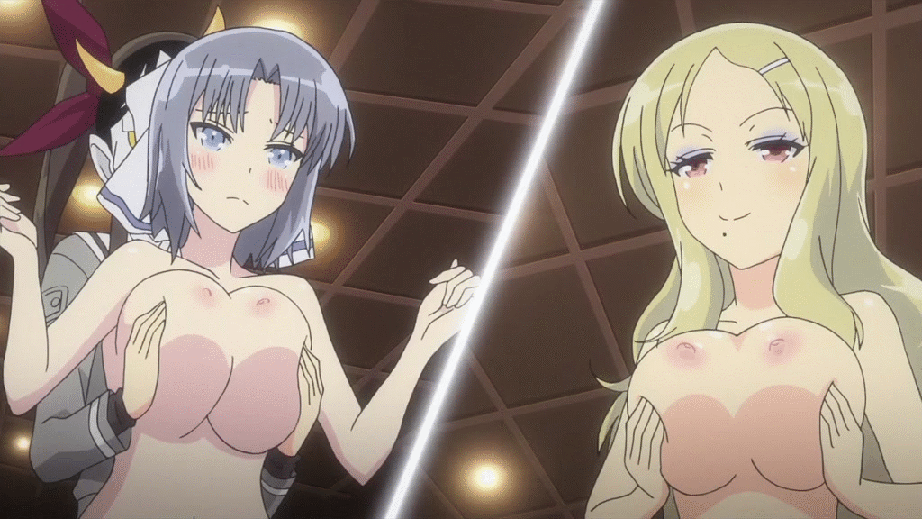 3girls animated animated_gif areolae blush breast_grab breasts grabbing large_breasts multiple_girls murakumo_(senran_kagura) nipples senran_kagura shiki_(senran_kagura) topless yumi_(senran_kagura)