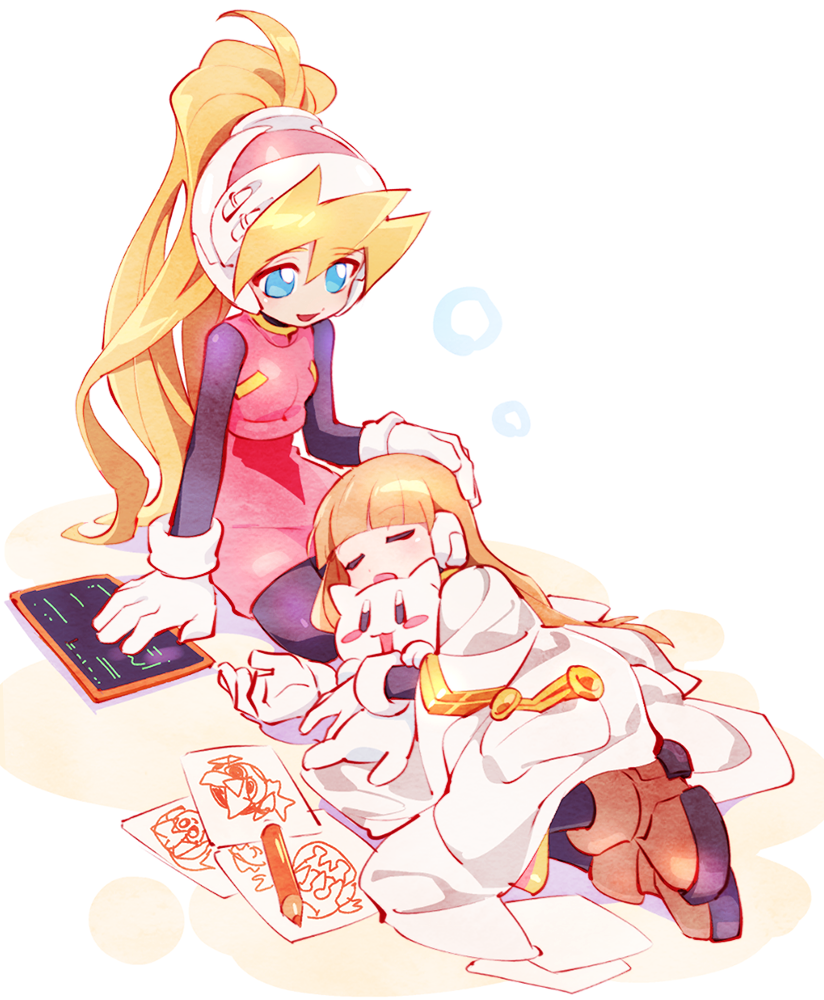 alouette_(rockman_zero) android bangs blonde_hair blue_eyes blunt_bangs blush brown_footwear capcom cat child child_drawing ciel_(rockman) closed_eyes drawing full_body gloves hand_on_another's_head headgear helmet high_ponytail holding kon_(kin219) lap_pillow long_hair multiple_girls open_mouth pantyhose paper pencil pink_skirt ponytail robot_ears rockman rockman_zero simple_background skirt sleeping smile very_long_hair white_background white_gloves