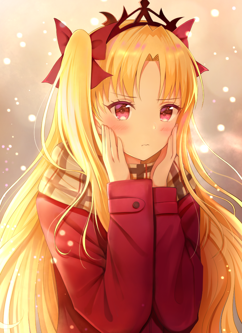 3: backlighting bad_id bad_pixiv_id bangs blonde_hair blush bow brown_scarf closed_mouth coat colored_eyelashes commentary ereshkigal_(fate/grand_order) eyebrows_visible_through_hair fate/grand_order fate_(series) hair_bow hands_on_own_cheeks hands_on_own_face hands_up long_hair long_sleeves nasii parted_bangs plaid plaid_scarf red_bow red_coat red_eyes scarf shiny shiny_hair solo straight_hair two_side_up upper_body v-shaped_eyebrows very_long_hair