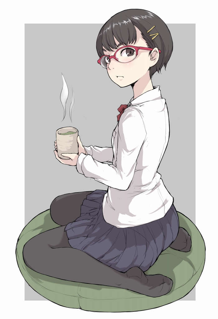black_legwear blue_skirt brown_eyes brown_hair cup frown full_body glasses grey_background hair_ornament hairclip holding holding_cup ina_(gokihoihoi) looking_at_viewer no_shoes original pantyhose red-framed_eyewear school_uniform short_hair simple_background sitting skirt solo steam tea wariza yunomi