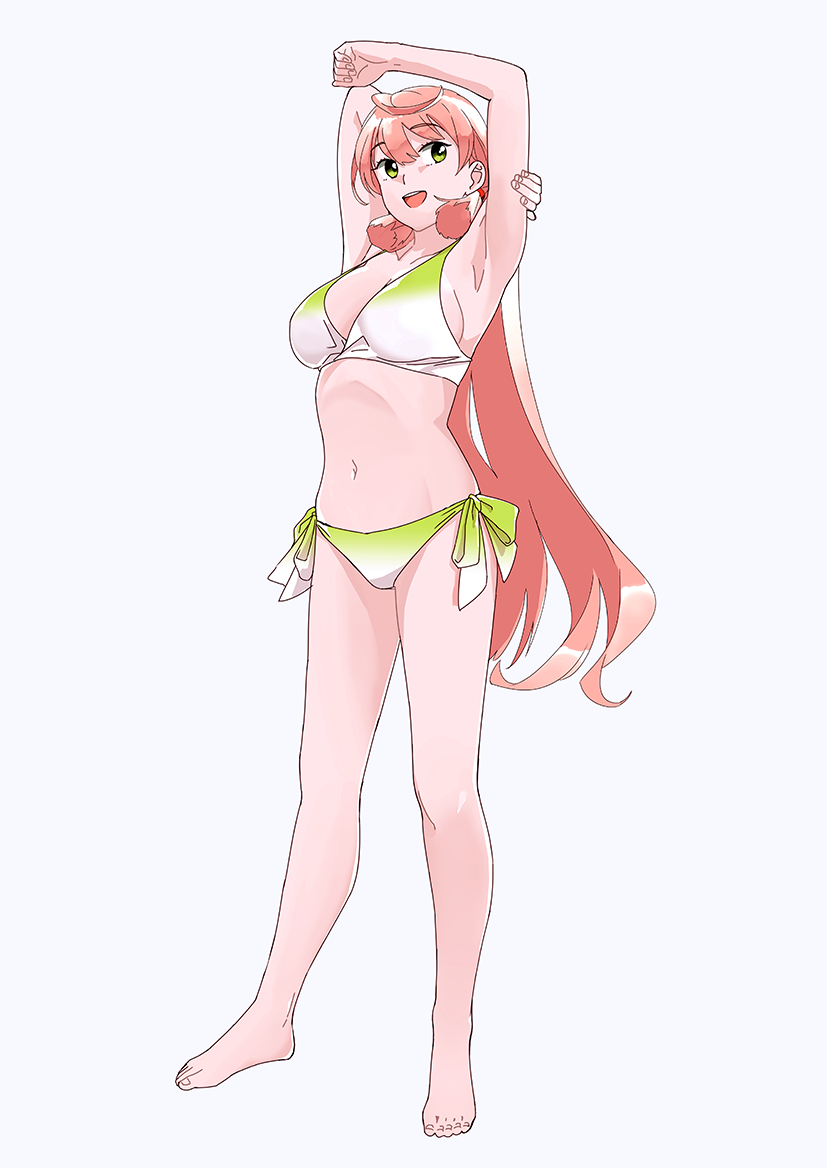 :d akashi_(kantai_collection) armpits arms_up barefoot bikini breasts commentary_request full_body gradient_bikini green_bikini green_eyes grey_background hair_ribbon kantai_collection large_breasts long_hair looking_at_viewer navel ojipon open_mouth pink_hair ribbon side-tie_bikini simple_background smile solo standing swimsuit tress_ribbon very_long_hair
