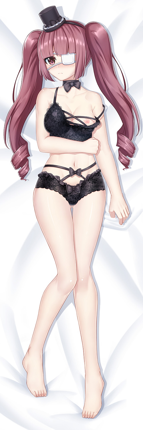 arms_under_breasts bangs bare_arms bare_legs bare_shoulders barefoot bed_sheet black_bra black_choker black_hat black_neckwear black_panties blunt_bangs blush bow bowtie bra breast_hold breasts choker closed_mouth collarbone dakimakura eyepatch full_body hanazono_yurine hat highres jashin-chan_dropkick lace lace_bra lace_panties leng_(lengsiren) long_hair looking_at_viewer lying medical_eyepatch medium_breasts mini_hat mini_top_hat nipples nose_blush on_back panties red_eyes red_hair sidelocks small_breasts solo strap_slip tilted_headwear top_hat twintails underwear underwear_only