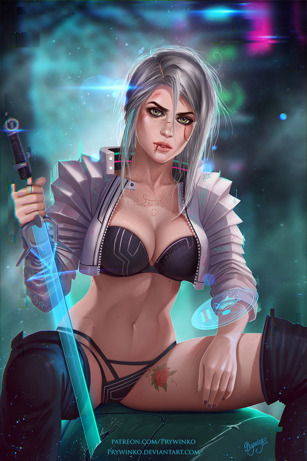 artist_name black_bra black_panties boots bra breasts bruise_on_face ciri cleavage commentary cropped_jacket cuts cyberpunk digital_dissolve energy_sword english_commentary green_eyes highres holding holding_weapon holographic_interface holographic_monitor injury leg_tattoo lens_flare lens_flare_abuse lips looking_at_viewer makeup mascara medium_breasts messy_hair navel nose olga_narhova panties planted_sword planted_weapon scar scar_across_eye short_hair signature silver_hair sitting solo spread_legs sword tattoo the_witcher the_witcher_3 thick_eyebrows thigh_boots thighhighs toned underwear updo watermark weapon web_address