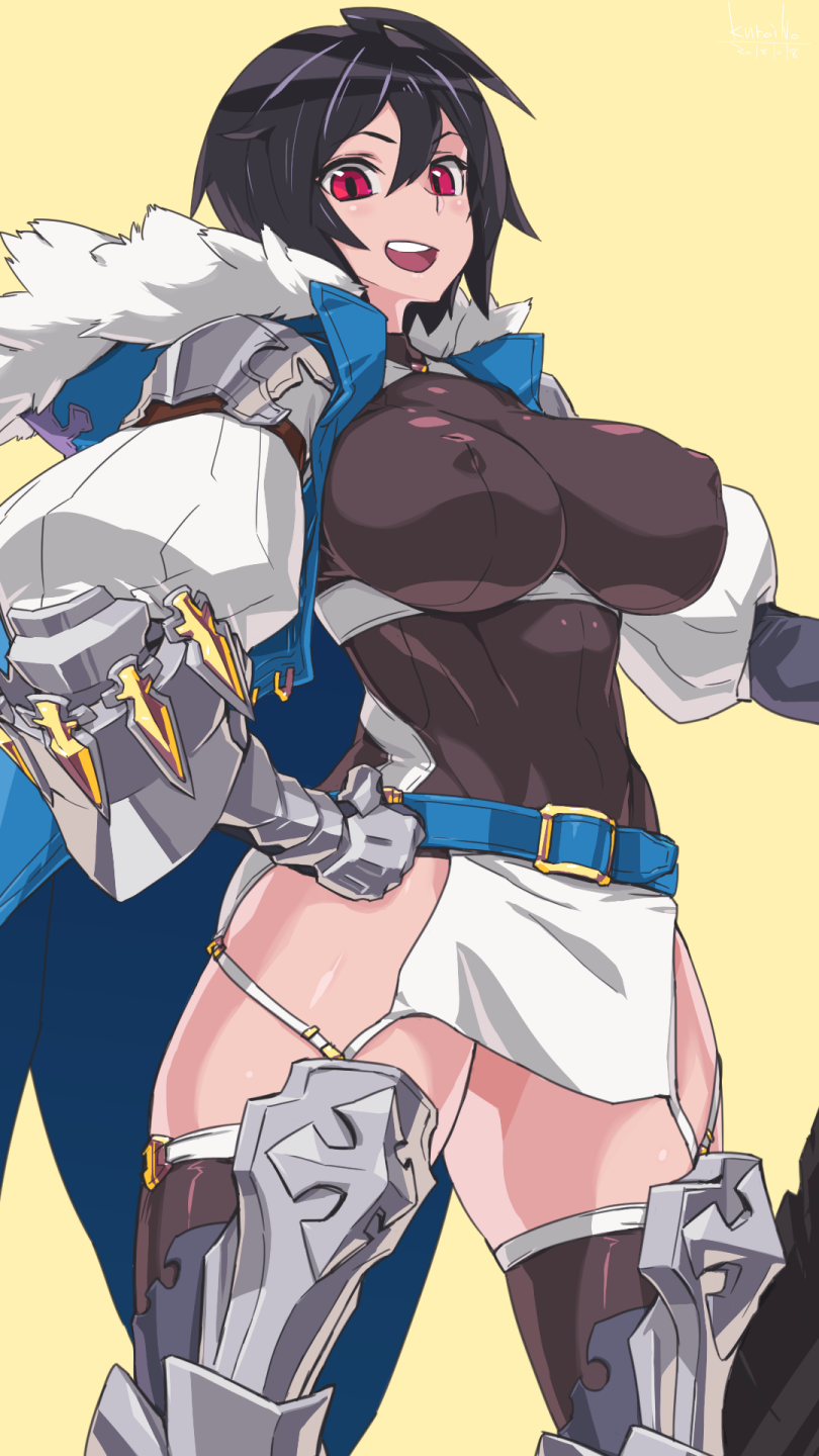 belt black_hair boots breasts celliera copyright_request covered_nipples dragalia_lost fur_trim gauntlets hand_on_hip highres kuroino_(0kuro8ino6) large_breasts looking_at_viewer open_mouth pauldrons red_eyes short_hair thigh_boots thighhighs