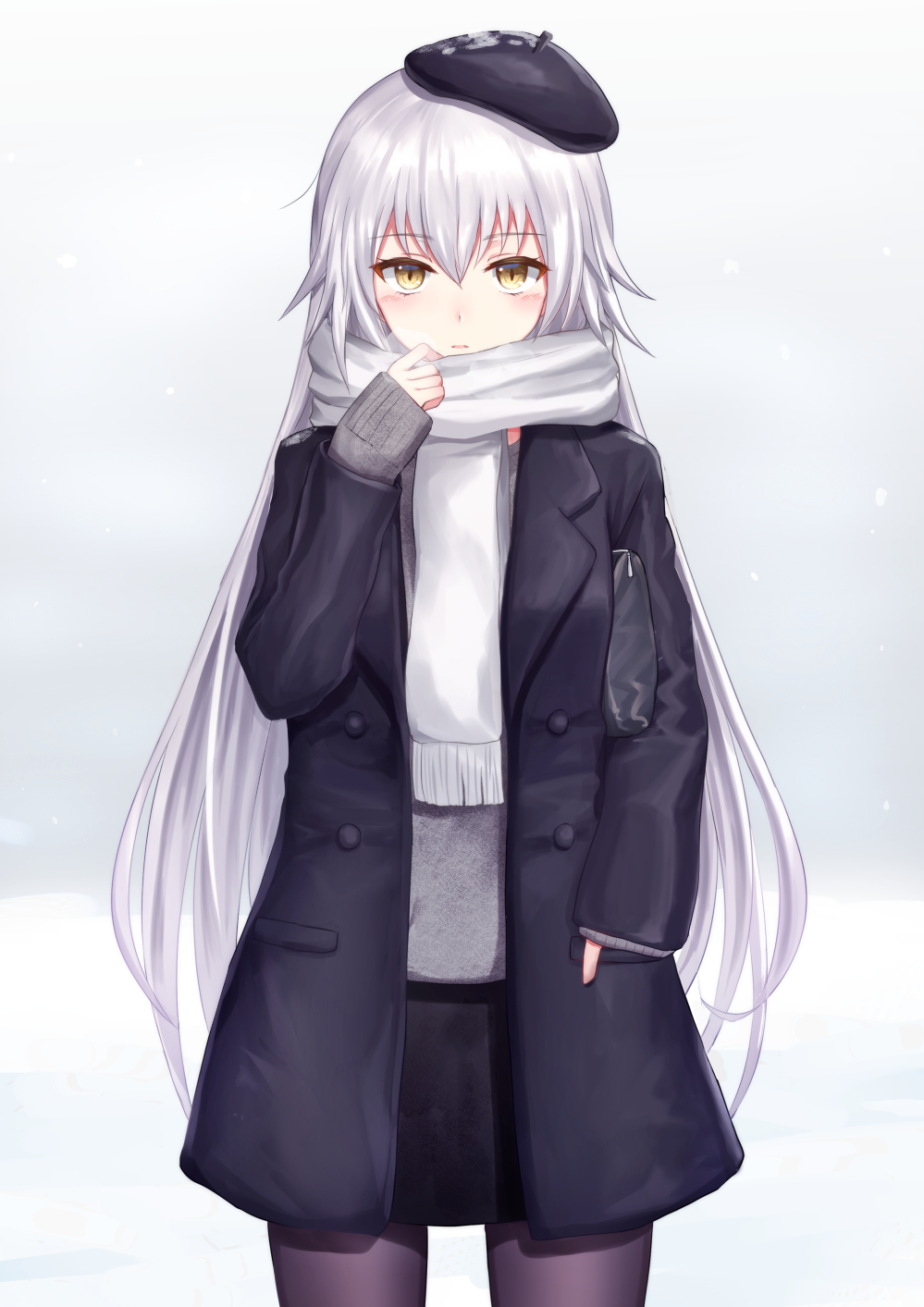 bag bangs beret black_coat black_hat black_skirt blush breath brown_eyes brown_legwear coat commentary_request cowboy_shot eyebrows_visible_through_hair fate/grand_order fate_(series) fringe_trim gradient gradient_background grey_background grey_sweater hair_between_eyes hand_in_pocket hand_up handbag hat highres jeanne_d'arc_(alter)_(fate) jeanne_d'arc_(fate)_(all) long_hair long_sleeves open_clothes open_coat pantyhose parted_lips revision scarf seungju_lee silver_hair skirt sleeves_past_wrists snow solo standing sweater tilted_headwear very_long_hair white_scarf