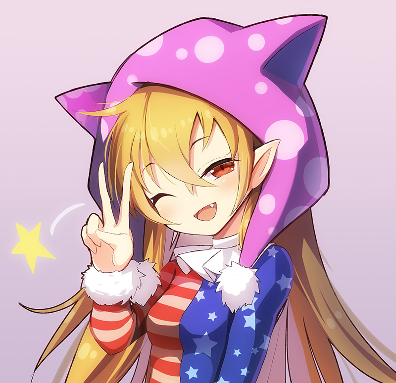 ;d adapted_costume american_flag_dress animal_hat bangs blonde_hair blue_dress blush breasts cat_hat clownpiece commentary_request dress eyebrows_visible_through_hair fang fur_trim hair_between_eyes hand_up hat head_tilt long_hair long_sleeves neck_ruff one_eye_closed open_mouth pointy_ears polka_dot_hat pom_pom_(clothes) purple_background purple_hat red_dress red_eyes simple_background small_breasts smile solo star star_print striped striped_dress touhou v white_dress z.o.b