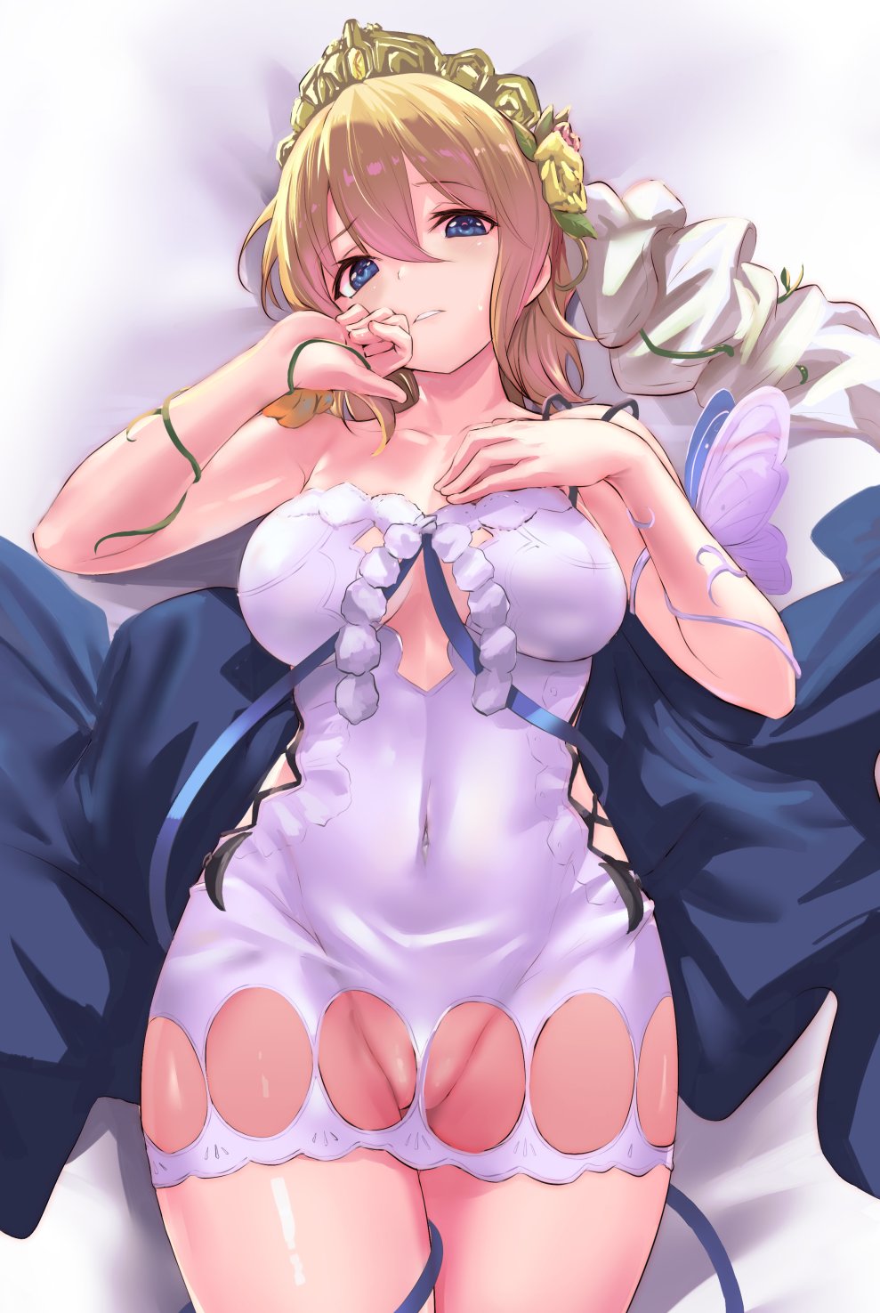 bare_shoulders blonde_hair blue_eyes blush breasts commentary_request covered_navel dress europa_(granblue_fantasy) flower granblue_fantasy hair_flower hair_ornament highres kztk large_breasts looking_at_viewer no_panties short_hair tiara